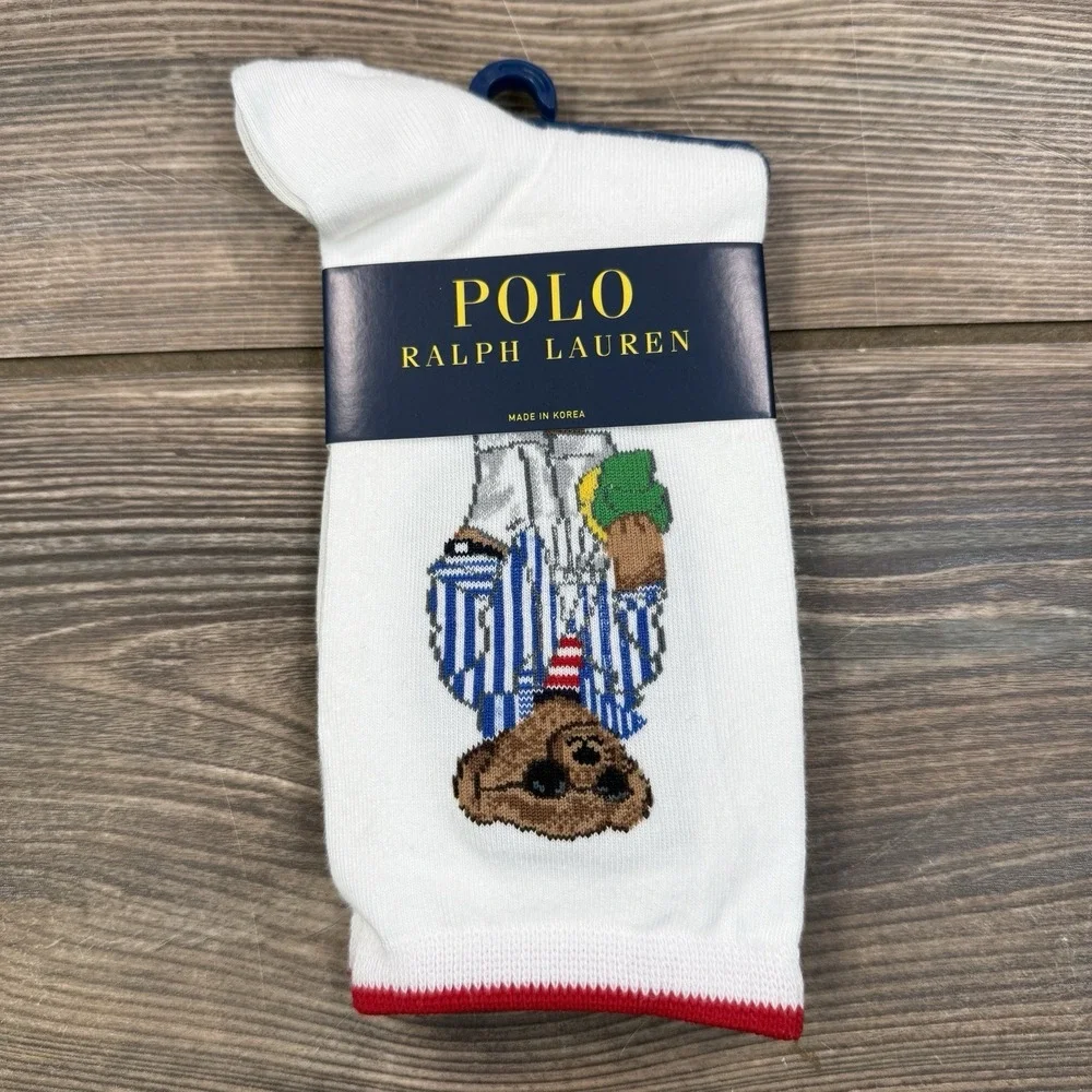Polo‎ Ralph Lauren Women's Polo Bear Crew Socks Striped Bear White SZ 9-11 NWT